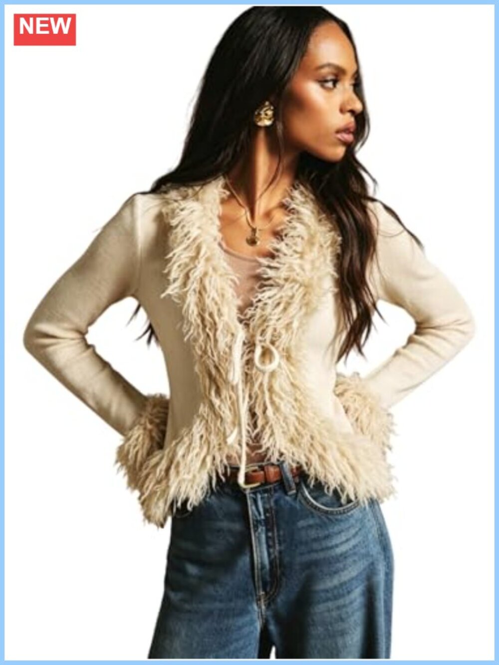 Women's Tie Front Cropped Cardigan Fuzzy V Neck Long Sleeve Knit Sweater
